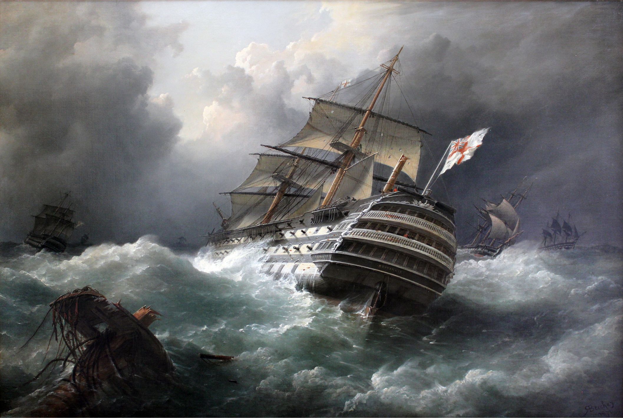 large boat in rough waters near a shipwreck