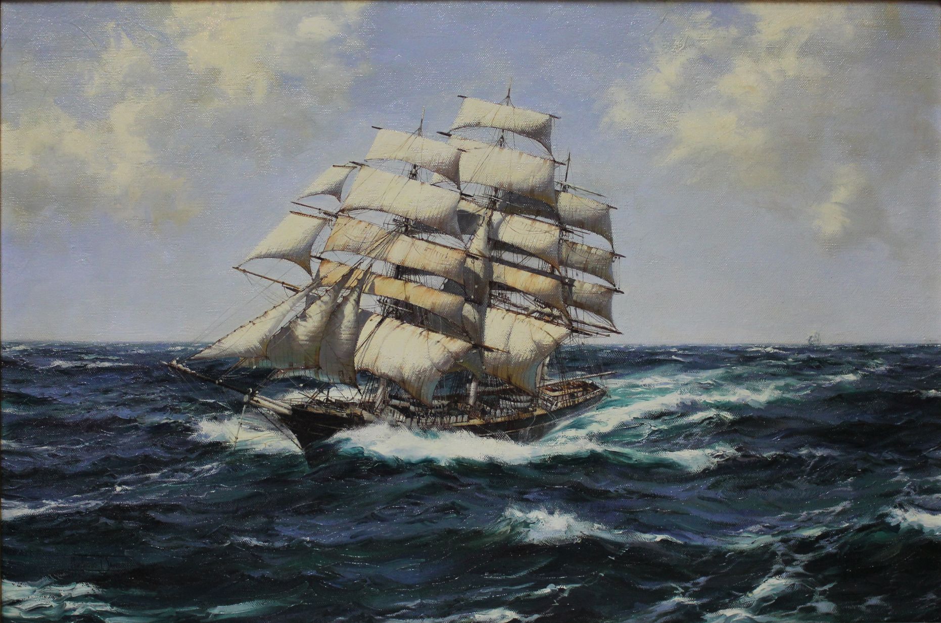 painting of boat on rough waters