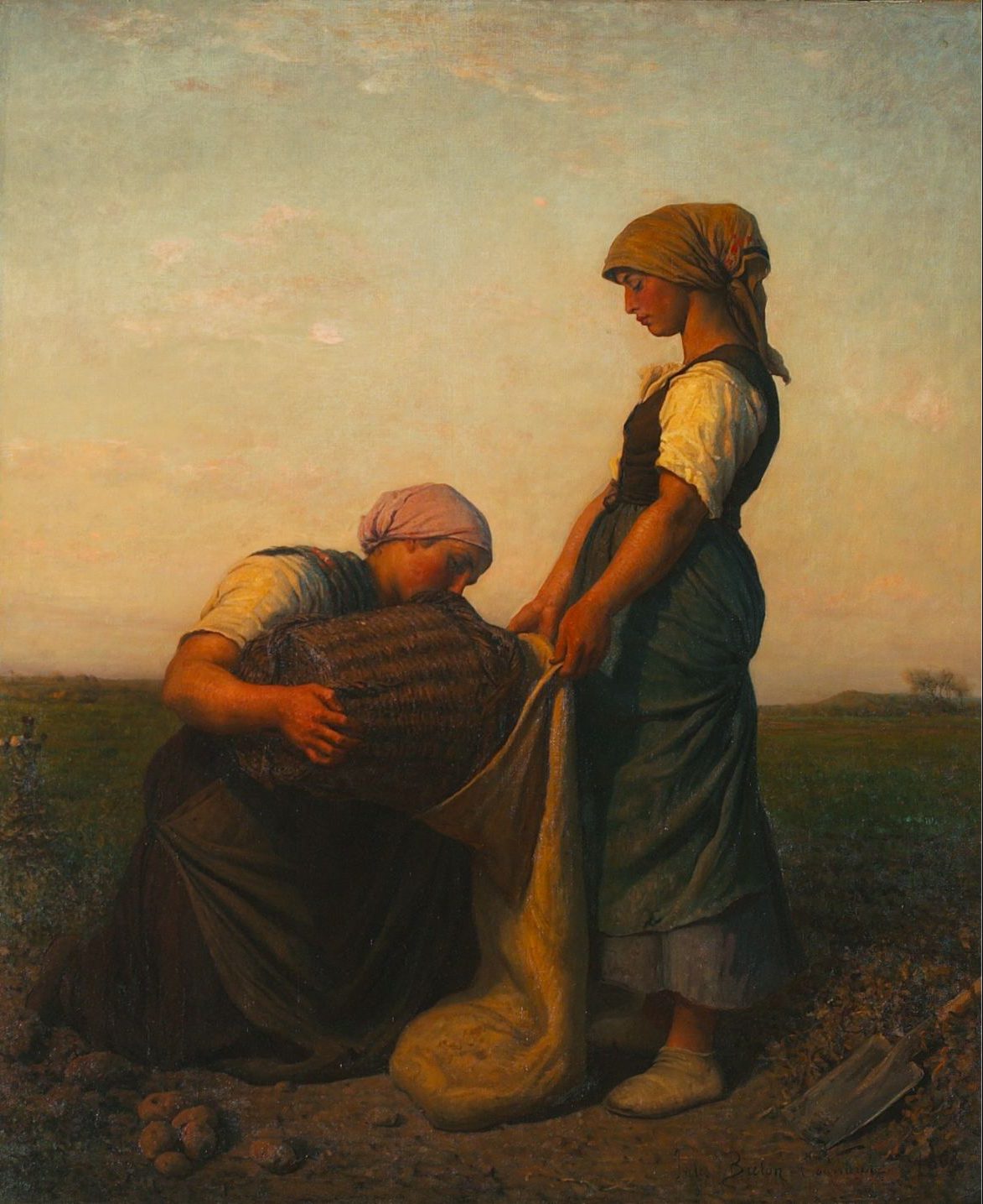 painting of women pouring potatoes in sack