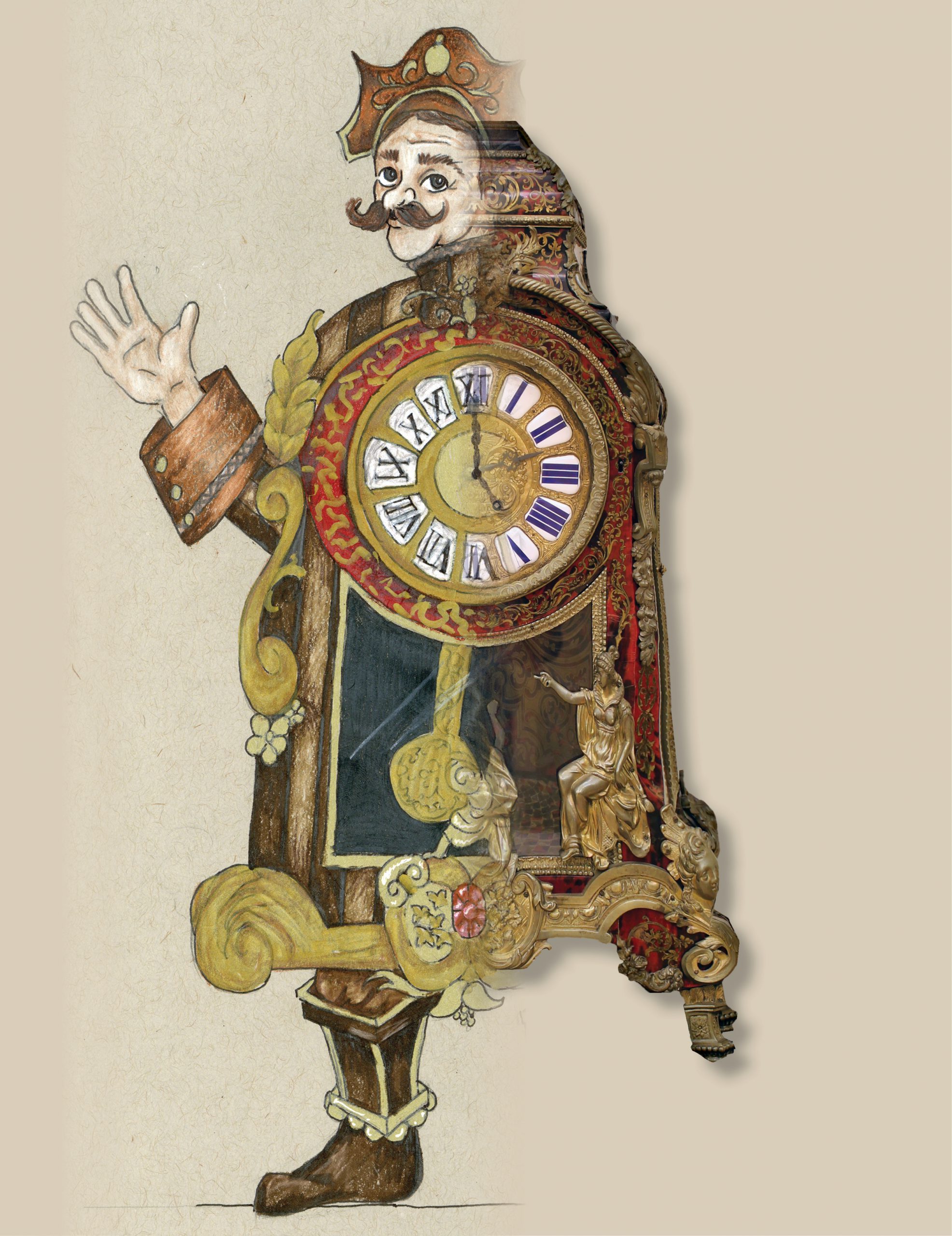 composite of Cogsworth clock and drawing