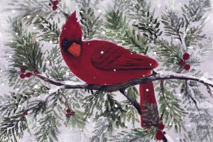 painting of a bird on a branch in the snow