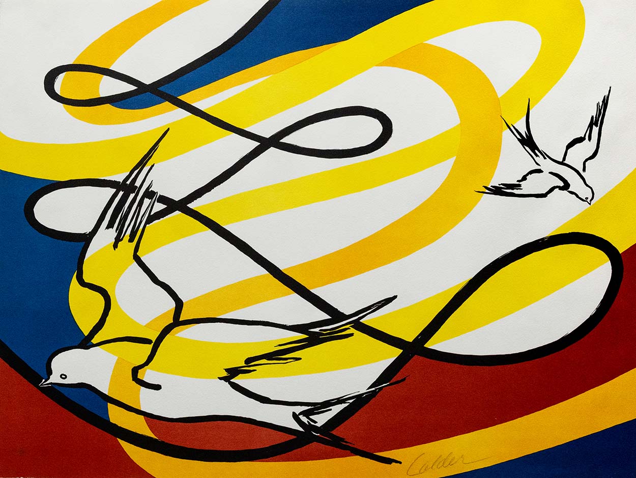 Thick yellow and orange lines swirl across the paper while blue and deep red fill in some white space on the top, bottom and left edges. A thinner black line swirls over the top. A black outline of a large dove sits in the bottom left corner facing the left. A smaller black outline dove sits center-right and faces slightly right while diving down.